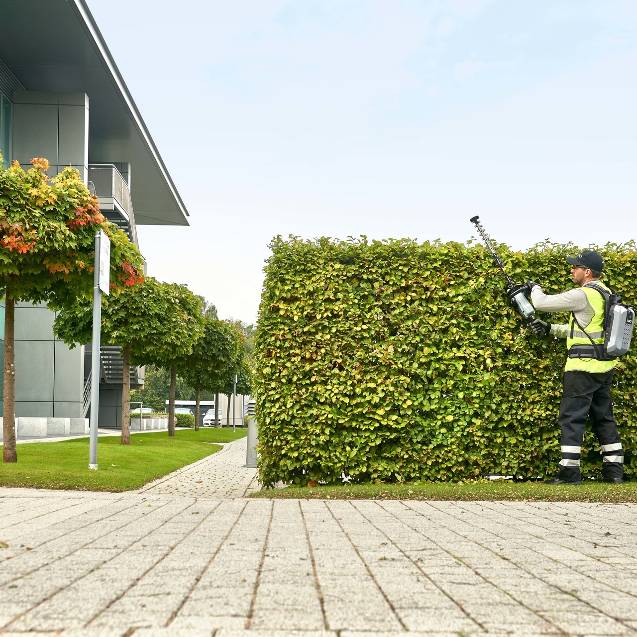 Man uses EGO hedge trimmer
